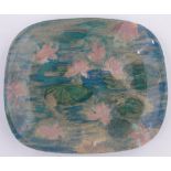 A Fulham Pottery dish by Vicki Walton, with painted and incised lily pond design,