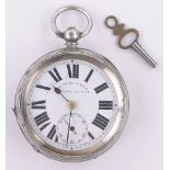 A silver keywind open face pocket watch, by Masters of Rye, case width 52mm.