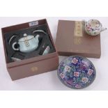 An Oriental Juware boxed teaset, Satsuma miniature teapot and a porcelain dish.
