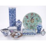 A group of Chinese porcelain items, including a blue and white cylinder vase, height 26cm,