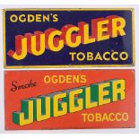 2 Ogden's Juggler Tobacco Vintage enamelled advertising signs, 25cm x 56cm.