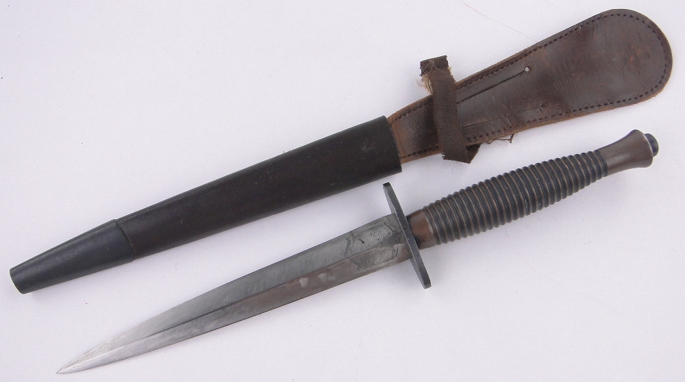 A rare etched Third pattern Fairbairn Sykes Commando knife, with pommel mound no.