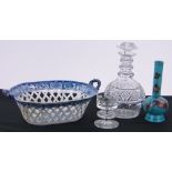 A group of ceramics and glass, including a blue and white transfer basket and cut-glass decanter,