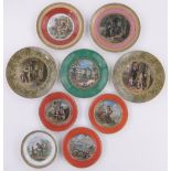 A Collection of Victorian Prattware plates and dishes, all colour transfer designs, (9).