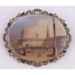 A 19th century painted porcelain panel brooch, depicting Trafalgar Square,