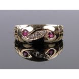 An 18ct gold ruby and diamond set ring, size I.