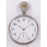 An Omega Swiss silver cased railway design pocket watch, case width 50mm.