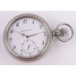 A stainless steel cased Railway topwind pocket watch, with steam engine design back,