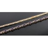 A 9ct gold amethyst and diamond set line bracelet, and a 9ct Greek key bracelet, gross weight 16g,