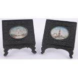 A pair of 19th century Indian miniature watercolours on ivory, depicting palace ruins,