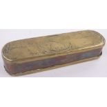 An 18th century Danish relief embossed brass tobacco box, with traces of text inscriptions,