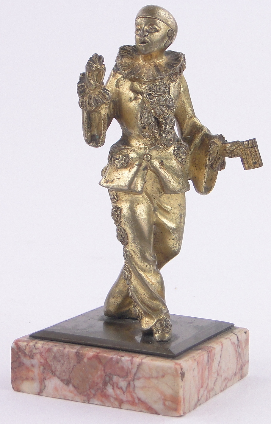 A French gilt bronze Pierrot clown, early 20th century, unsigned on rouge marble plinth,