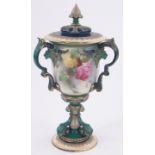 A Royal Worcester porcelain 3-handled pot-pourri cup and cover, height 29cm, restored.