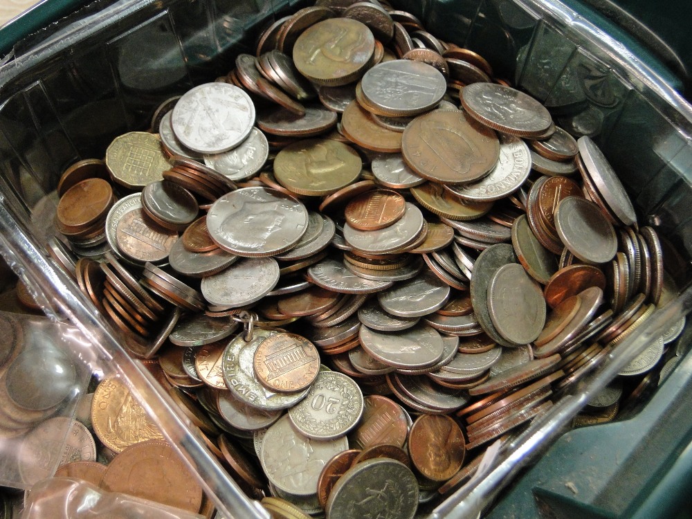 A large box of various coins.