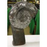 A large ammonite fossil on stand.