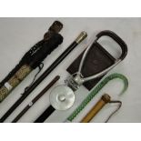 Vintage shooting stick, a glass walking stick, batons, etc.