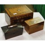 A marquetry decorated burr walnut box with fitted interior, and 2 tea caddies, (3).