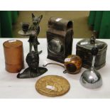 A lantern, fox figure candlestick, desk bell, tobacco box, etc.