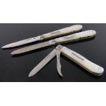 3 Victorian silver & carved mother of pearl penknives