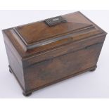 A Victorian rosewood sarcophagus shaped tea caddy, with inlaid brass & mother of pearl scroll