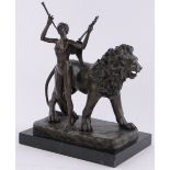 Reproduction bronze angel & lion, on marble plinth, plinth length 11.75", overall height 15"