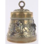 A 19th century brass tobacco box, with a frieze depicting a horse racing scene in high relief,