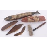 A group of Aboriginal tribal items, comprising 2 carved & painted wood fish (longest 14") a small