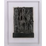 A Benin style patinated bronze high relief cast plaque, depicting a 16th / 17th century battle scene