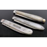 3 Victorian silver & carved mother of pearl penknives