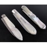 3 Victorian silver & carved mother of pearl penknives