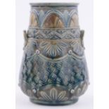 A James Stiff Lambeth Pottery vase, of tapered circular form with incised geometric designs & scroll