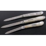 3 Victorian silver & carved mother of pearl penknives