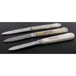 3 Victorian silver & carved mother of pearl penknives