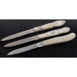 3 Victorian silver & carved mother of pearl penknives