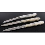 3 Victorian silver & carved mother of pearl penknives