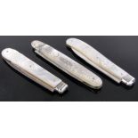 3 Victorian silver & carved mother of pearl penknives