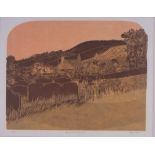 Robert Tavener, Colour lino-cut print, Church & Downs, Glynde Sussex, signed in pencil, 23 / 30,