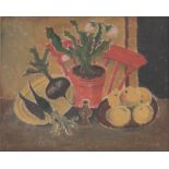 Oil on canvas, still life fruit & vegetables, unsigned,