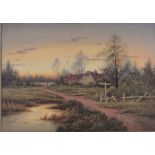 A Cole, Oil on canvas, sunset rural landscape, signed,