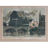 Victor Ambras, Colour lino-cut print, Wandsworth Bridge, signed in pencil, dated 1960,