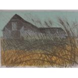 Robert Tavener, Colour lino-cut print, Tithe Barn & Grasses, signed in pencil,