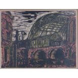 Kathe Strenitz (born 1923), Colour lino-cut print, Kings Cross Station,