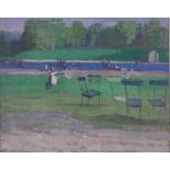 Mid 20th century oil on canvas, Figures by a boating lake, unsigned,