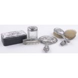 Group of silver mounted dressing table items, including a silver lidded ebony box, length 15cm, (6).