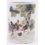 A Chinese porcelain cylindrical brush pot, painted chickens and text, painted seal mark under,