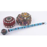 A group of ethnic items, including a bead work decorated club,