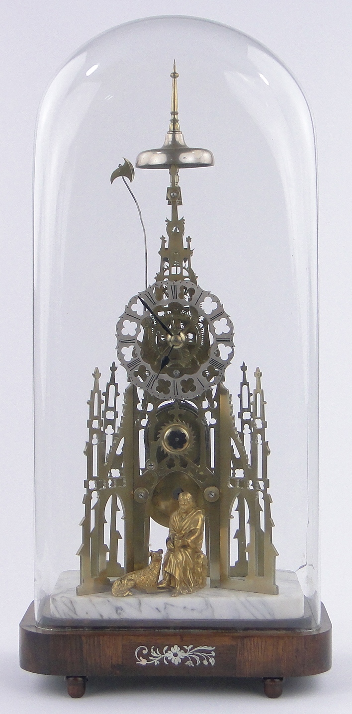 A Victorian brass skeleton clock in the form of the Walter Scott Memorial Tower in Edinburgh,