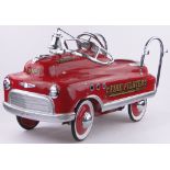 A reproduction painted metal toy fire truck, length 90cm.