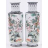Pair of Chinese Republic Period cylindrical porcelain vases, painted exotic birds and text,