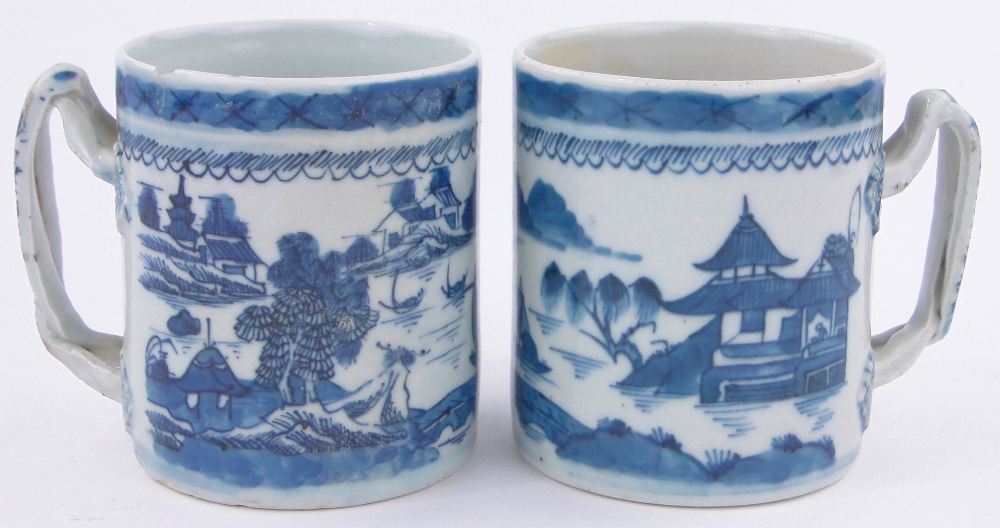 2 antique Chinese blue & white porcelain mugs, painted landscape scenes, with interwoven handles,